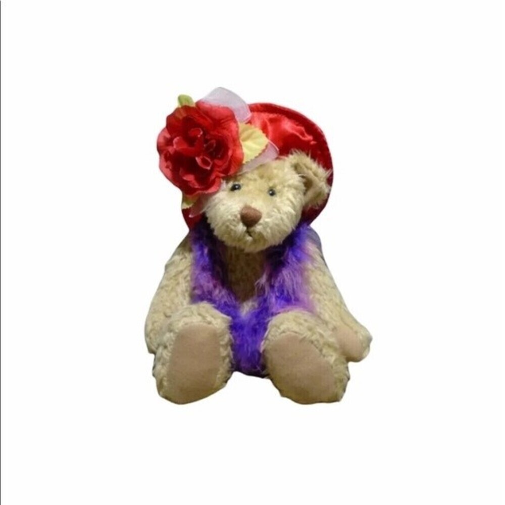 Terry’s Village tan teddy bear with purple boa and red hat plush